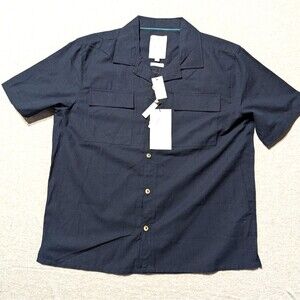 Ike Behar Mens Large NWT Short Sleeve Linen Blend Shirt Navy Blue
